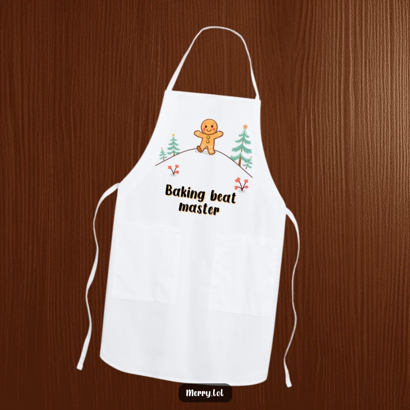 Funny gingerbread man apron featuring a happy character doing a jig on a snowy hill, great for holiday baking.