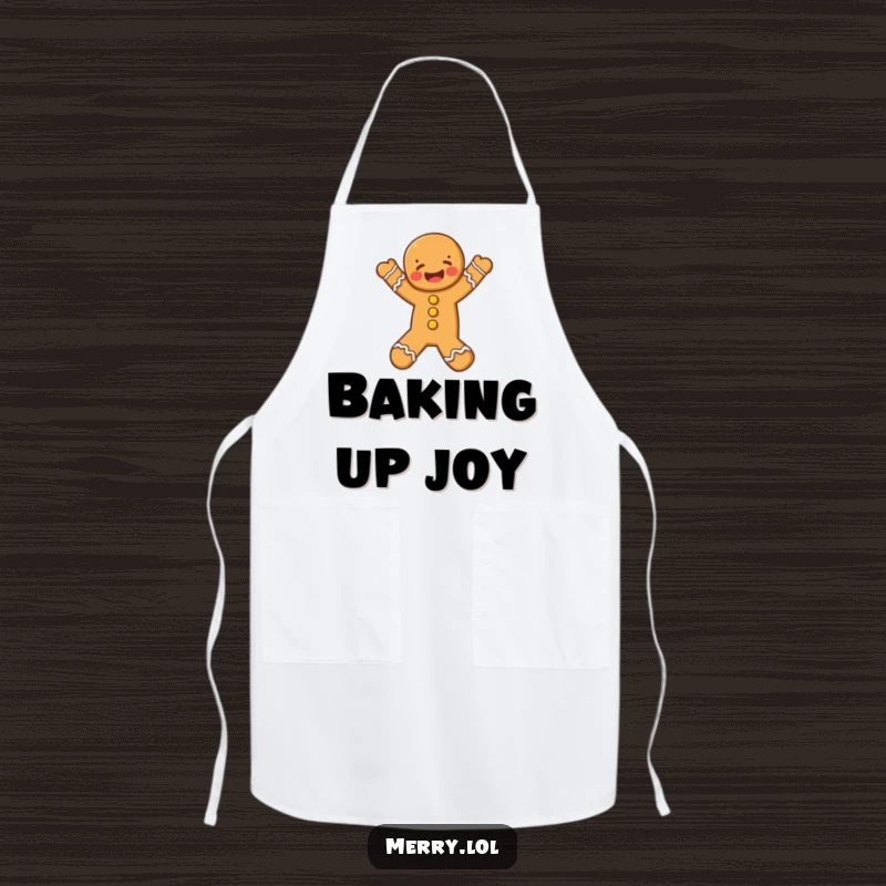 Funny Gingerbread Man Apron, a cheerful character leaping with excitement while cooking or baking.