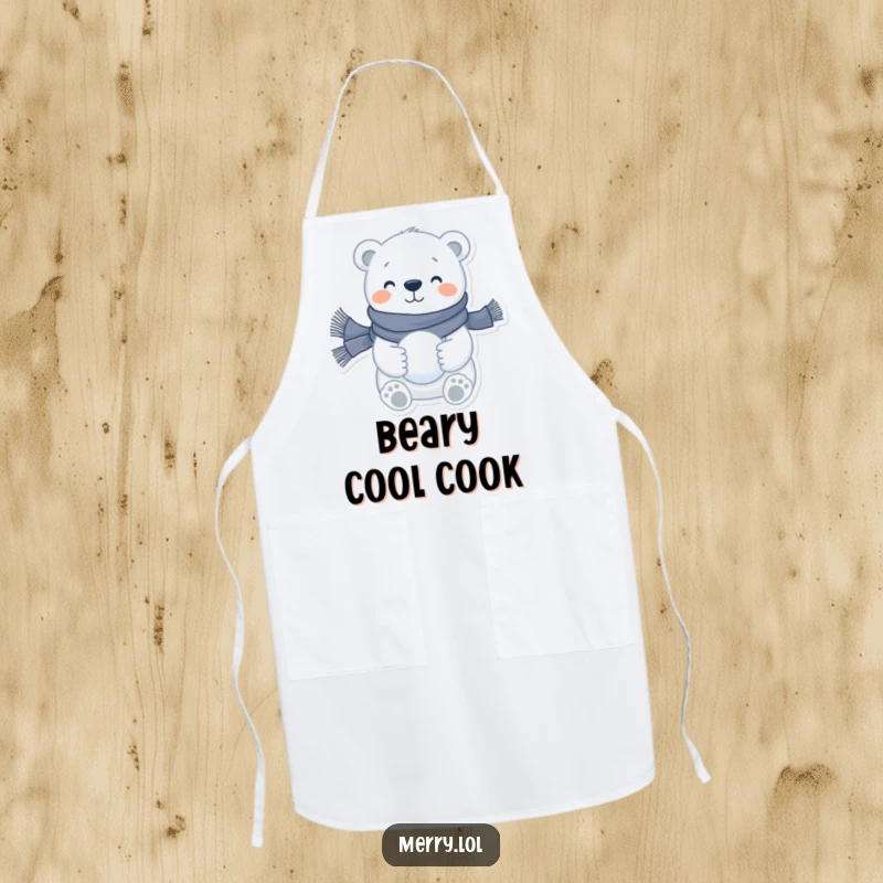 Funny polar bear apron featuring a happy character wearing a scarf and holding a snowball, perfect for adding winter cheer to cooking.