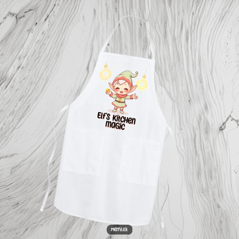 Funny Elf Apron with a giggling character juggling glowing ornaments, practical for cooking and baking with a fun, holiday-themed design.