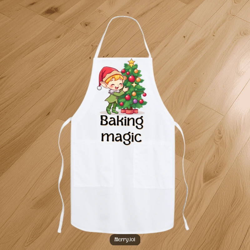 Funny Apron showing a cute elf character gleefully decorating a Christmas tree with sparkling ornaments and holiday cheer.