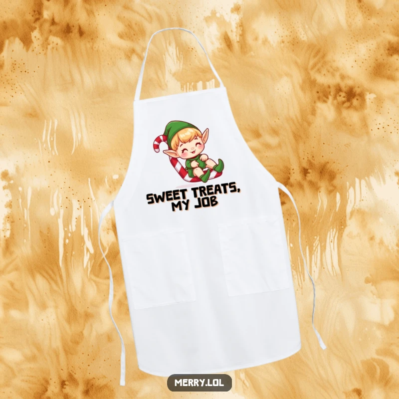 Funny apron depicting a cute elf character sliding down a candy cane, bringing humorous festive cheer to the kitchen.