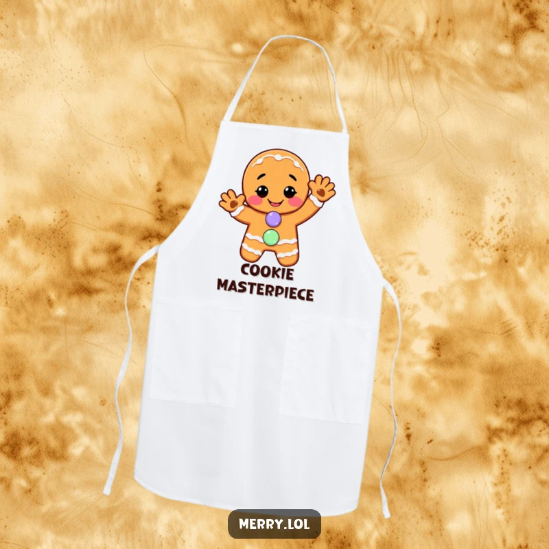 Funny apron: A smiling gingerbread man gives a cheerful wave, his candy button highlighting his sweet and friendly baking persona.