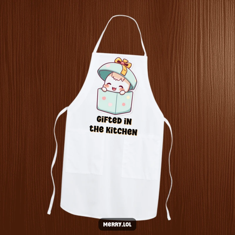 Funny Happy Present Apron: A happy present character popping its lid open. Adds humor to cooking and hosting. Gift idea.