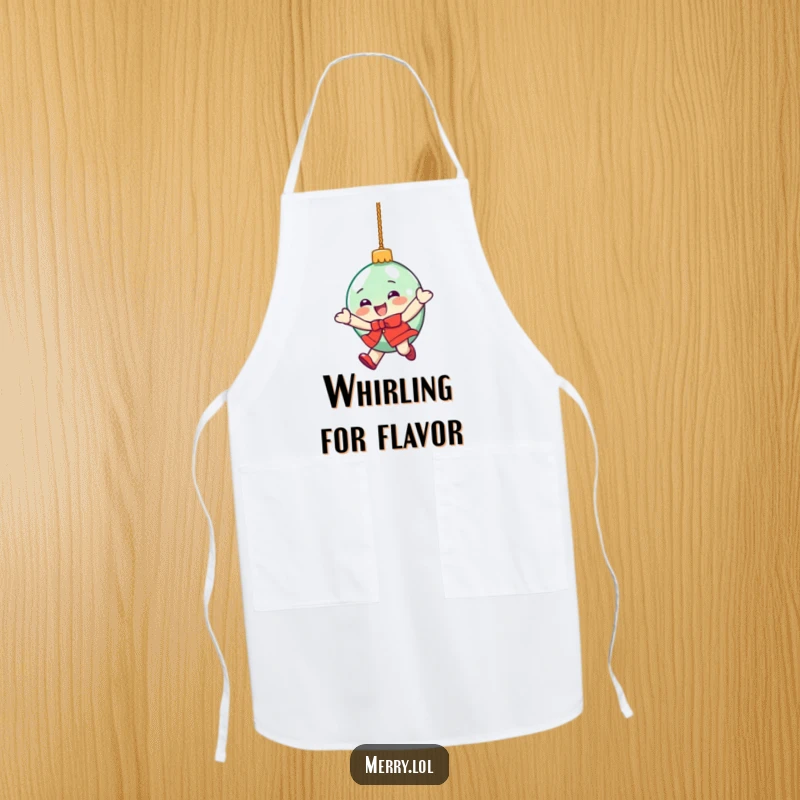 Funny apron with a delighted Christmas ornament character in a dizzying spin, a humorous kitchen accessory.