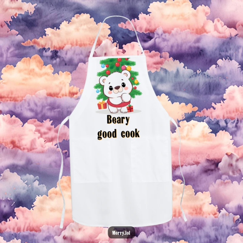 Funny Polar Bear Apron with a surprised character peeking from behind a Christmas tree, practical for cooking with a fun, holiday-themed design.