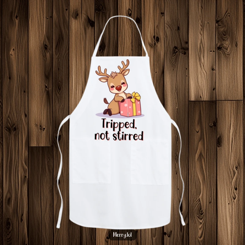 Funny apron: A giggling reindeer with sparkly antlers comically trips over a present, making it a humorous addition to any kitchen.