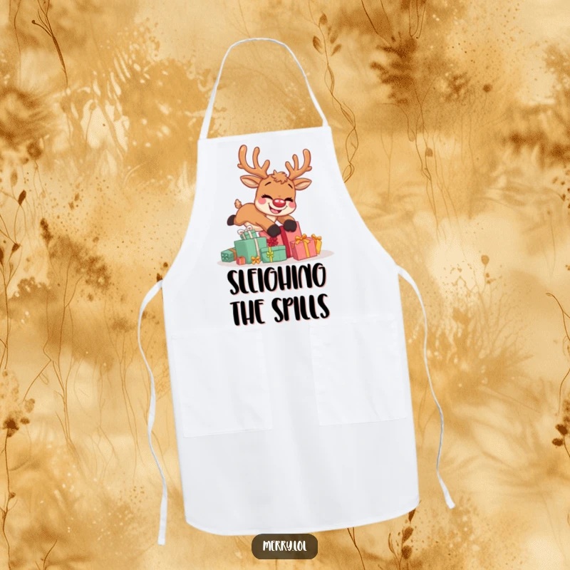 Funny apron with a cute reindeer character hilariously tripping over presents while cooking, sporting a goofy grin.