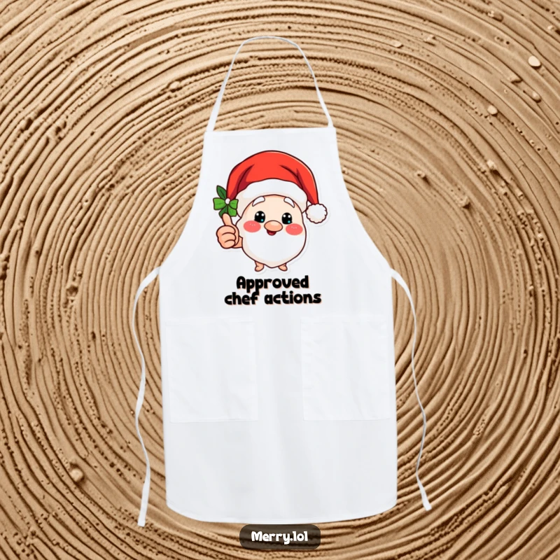 Funny apron with a Merry Santa hat character giving a jolly thumbs up gesture, a humorous kitchen accessory.