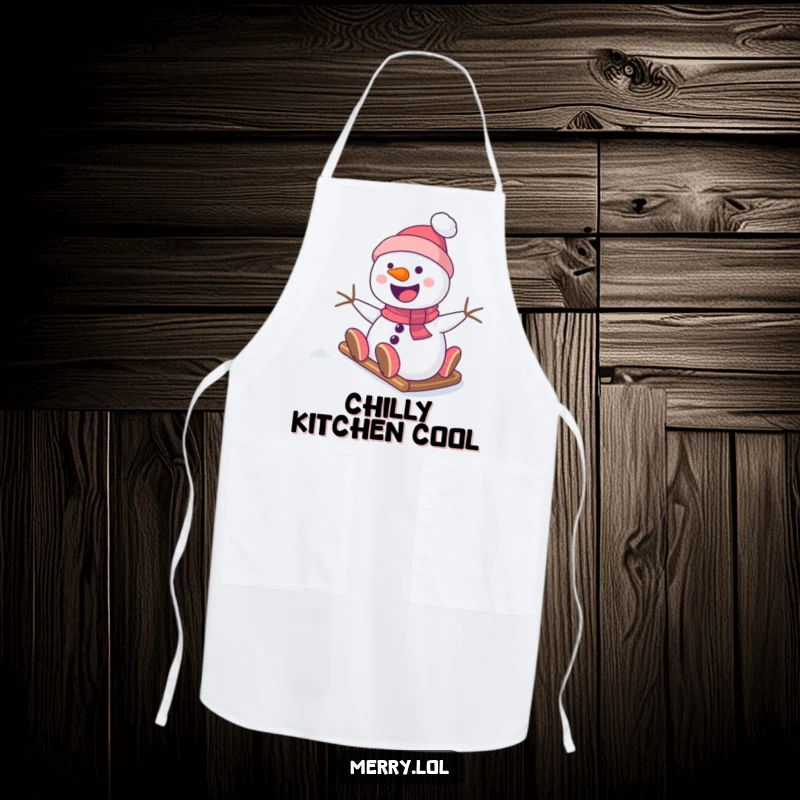 Funny Snowman Apron with a smiling character sliding down a snowy hill, practical for cooking and baking with a fun, winter-themed design.
