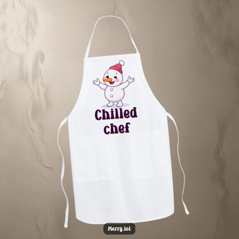 Funny snowman character apron performing a clumsy jig with a carrot nose, offering kitchen protection with winter humor.