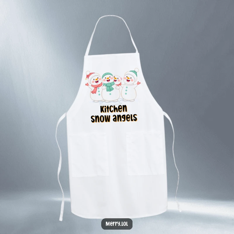 Funny cute snowmen holding hands and singing joyfully on a kitchen apron, bringing musical cheer to cooking.