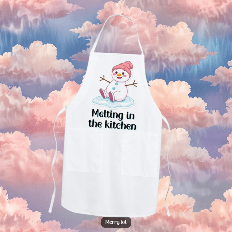 Funny apron depicting a grinning snowman character slipping on ice, bringing playful winter humor to the kitchen.