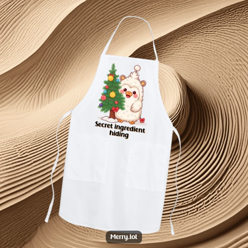 Funny apron with a playful yeti peeking from behind a decorated Christmas tree, a humorous kitchen accessory.
