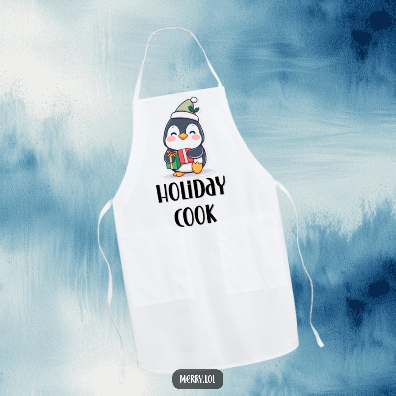 Funny penguin character apron wearing a tiny festive hat and holding a gift, offering kitchen protection with festive humor.