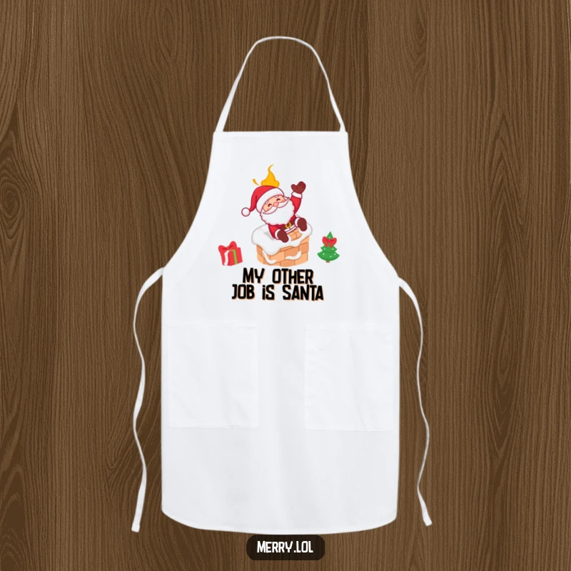 Funny Santa apron featuring Santa Claus joyfully sliding down a chimney with a wink, ideal for holiday cooking.