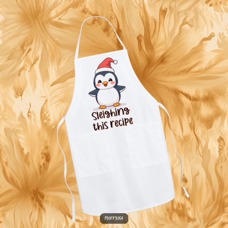 Funny Penguin Santa Hat Apron: A joyful penguin character wearing a small Santa hat, ready for festive cooking. Kitchen essential.