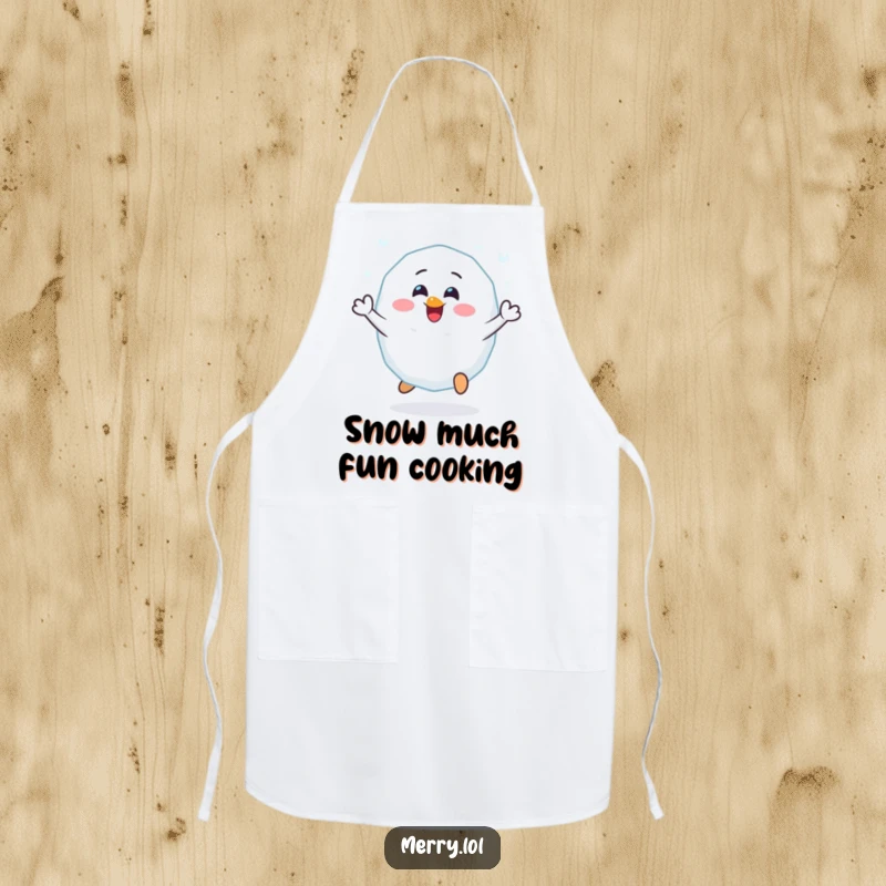 Funny Cheerful Snowball Apron: A cheerful snowball character bouncing with glee. Adds humor to kitchen activities. Winter gift idea.
