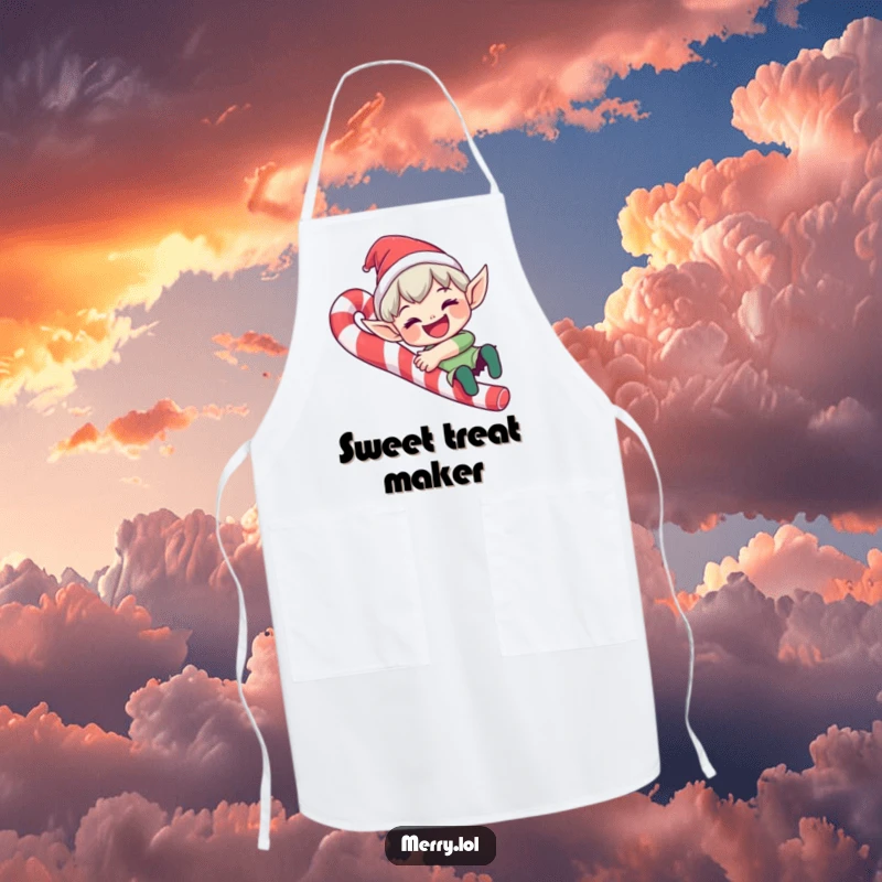 Funny elf character apron sliding down a candy cane with a wide grin, offering kitchen protection with festive humor.