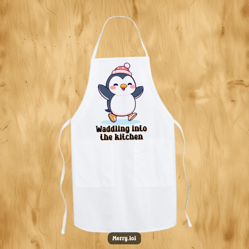 Funny penguin ice skating with a tiny hat, depicted on a kitchen apron, ready for culinary fun and humor.