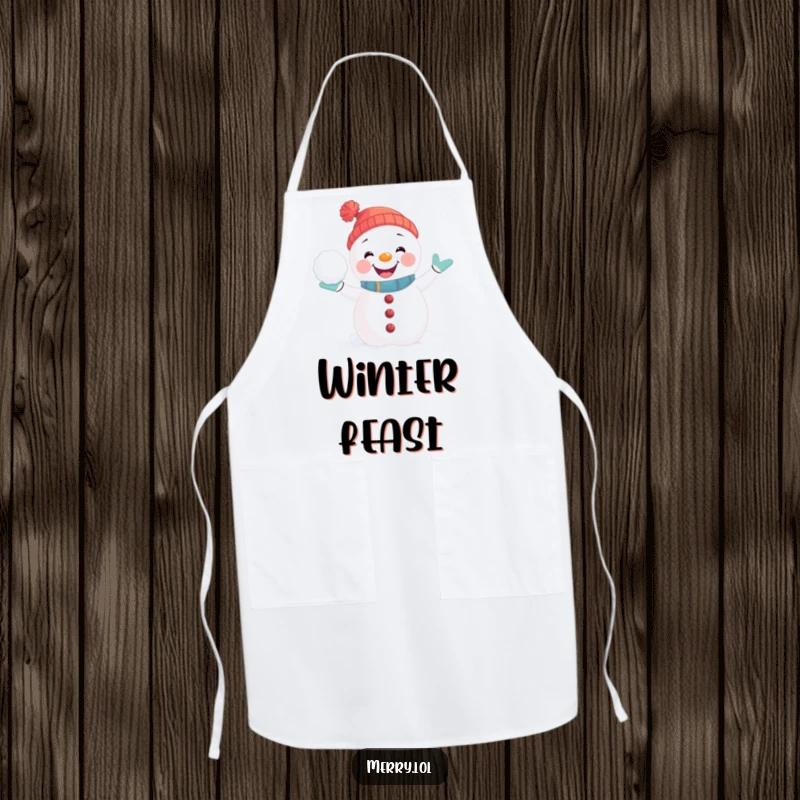 Funny Apron showing a playful snowman character in a joyful pose, ready for a snowball fight, perfect for kitchen tasks.