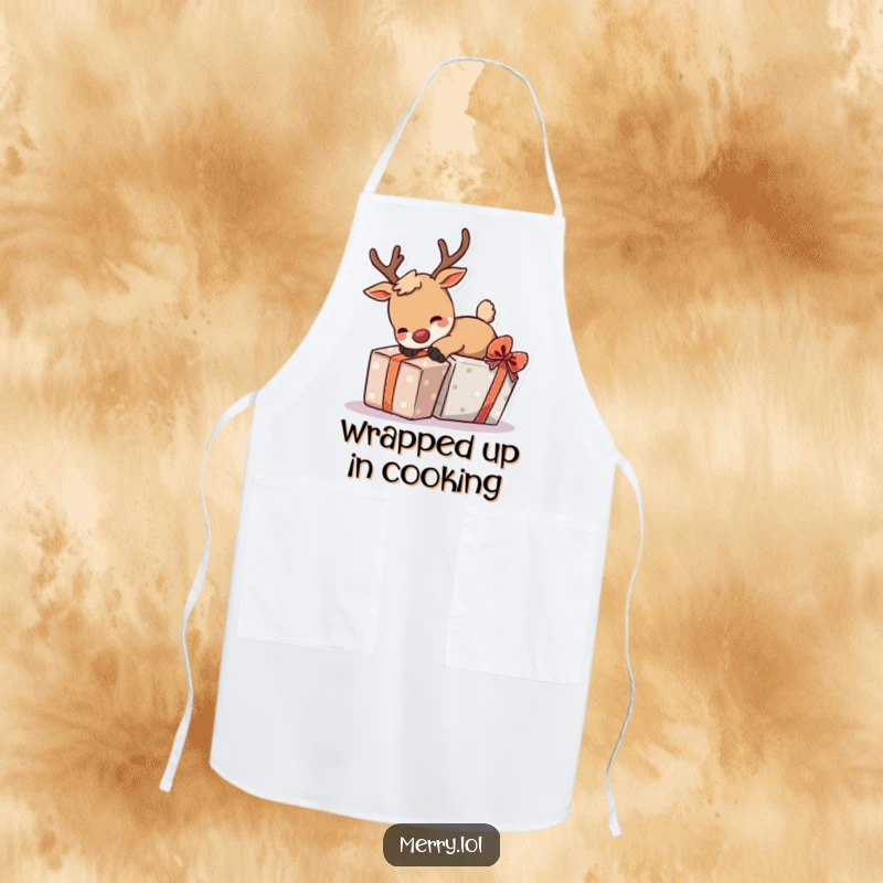 Funny apron depicting a playful reindeer character tripping over a holiday gift, bringing humorous festive cheer to the kitchen.