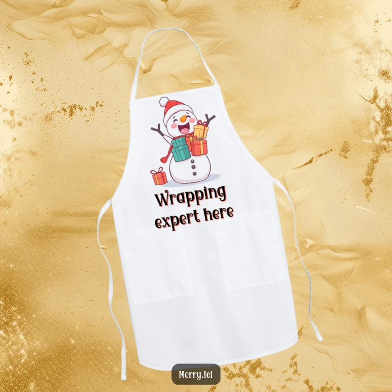 Funny apron featuring an excited snowman stacking Christmas gifts, a humorous kitchen accessory for holiday chefs.