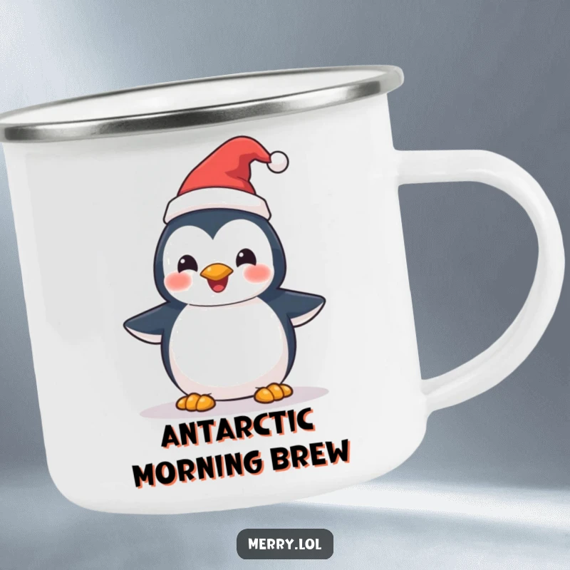 Funny Penguin Santa Hat Camping Mug: A delightful penguin character in a Santa hat, ready for outdoor fun. Durable and festive.