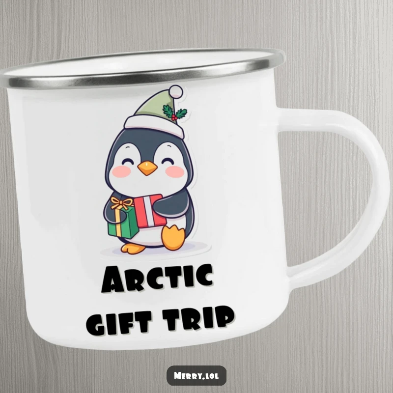 Funny penguin character camping mug wearing a tiny festive hat and holding a gift, perfect for outdoor holiday humor.
