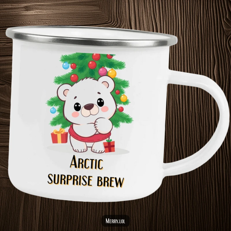 Funny Polar Bear Camping Mug with a surprised character peeking from behind a Christmas tree, built for durability and enjoyment during outdoor holiday activities. Great for camping.