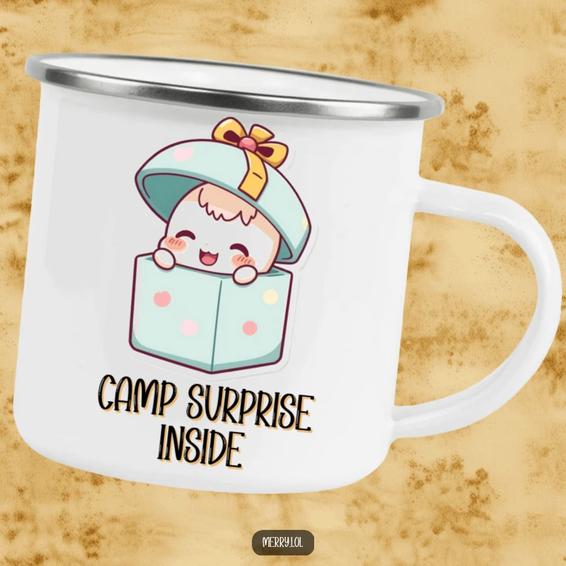 Funny Happy Present Camping Mug: A happy present character popping its lid open. Durable and fun for outdoor celebrations. Gift.