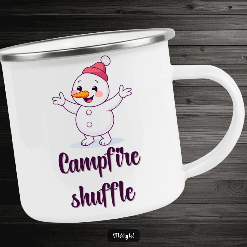 Funny snowman character camping mug performing a clumsy jig with a carrot nose, perfect for outdoor winter humor.