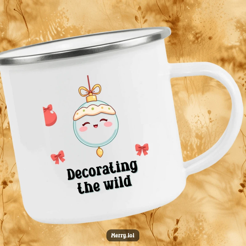 Funny festive ornament winking and dangling merrily, featured on a camping mug for festive outdoor drinks.