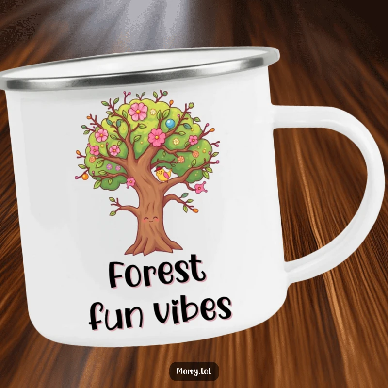 Funny Decorated Tree Camping Mug, a festive character wiggling its branches, ideal for outdoor holiday fun.