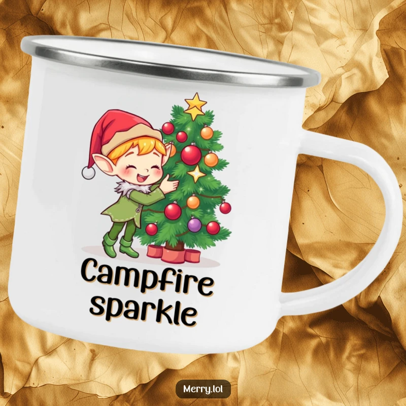 Funny Camping Mug with a cute elf character gleefully decorating a Christmas tree with sparkling ornaments and holiday cheer.