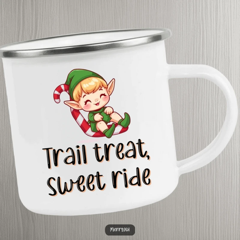 Funny camping mug showcasing a cute elf character sliding down a candy cane, perfect for bringing holiday humor outdoors.