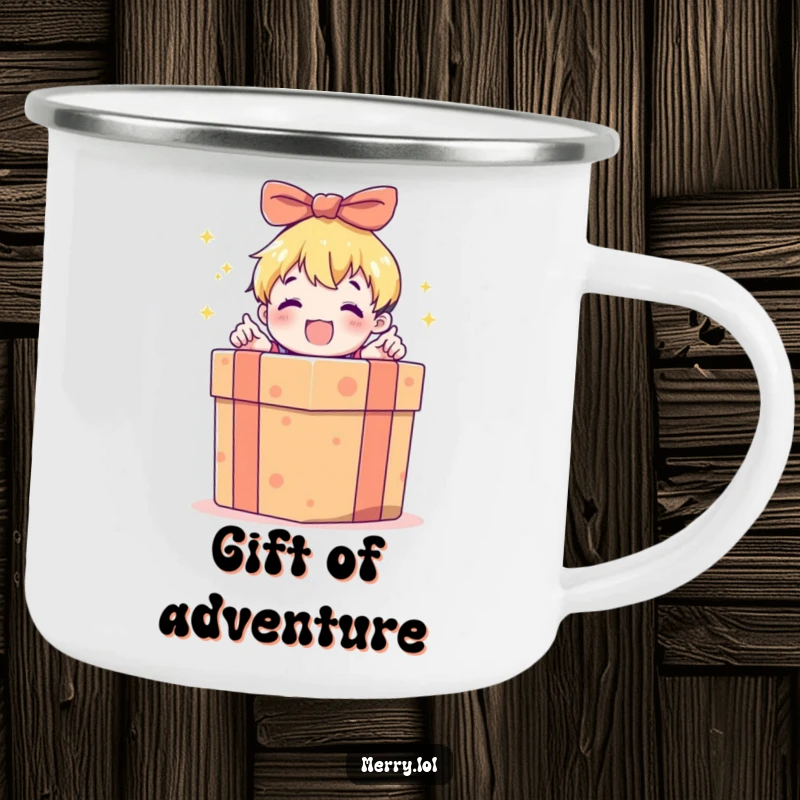 Funny camping mug with an excited child character opening a large gift box, perfect for enjoying drinks outdoors with a smile.