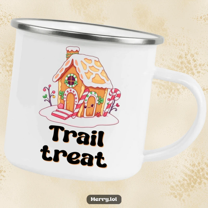 Funny camping mug showcasing a gingerbread house character sneaking a snack from its candy cane chimney, perfect for sweet outdoor moments.