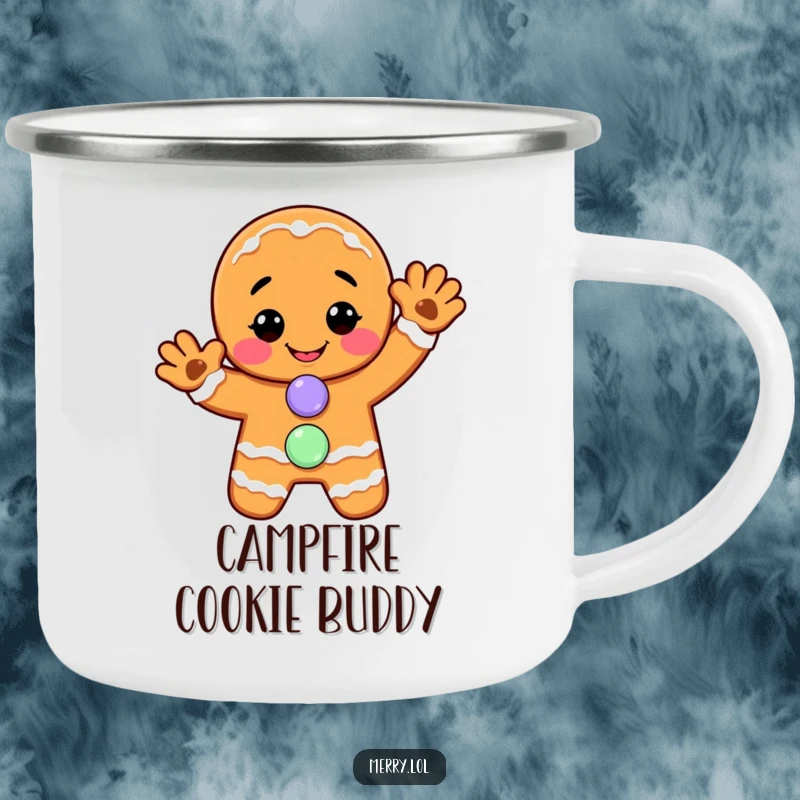 Funny camping mug: A smiling gingerbread man offers a cheerful wave, embodying holiday sweetness for outdoor enjoyment.