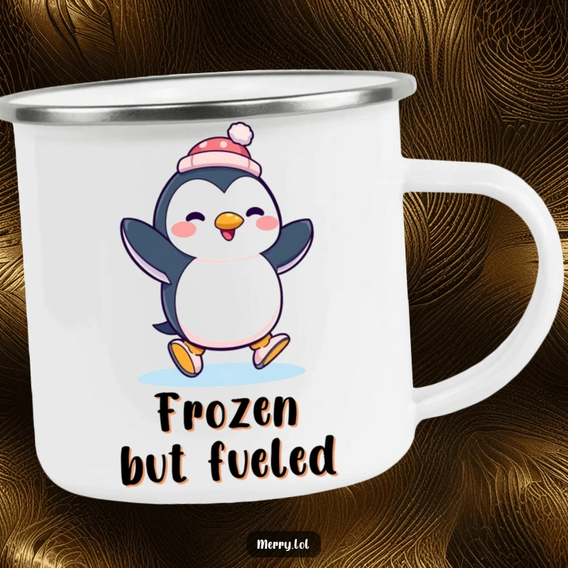 Funny penguin ice skating with a tiny hat, depicted on a durable camping mug, for enjoying drinks outdoors.