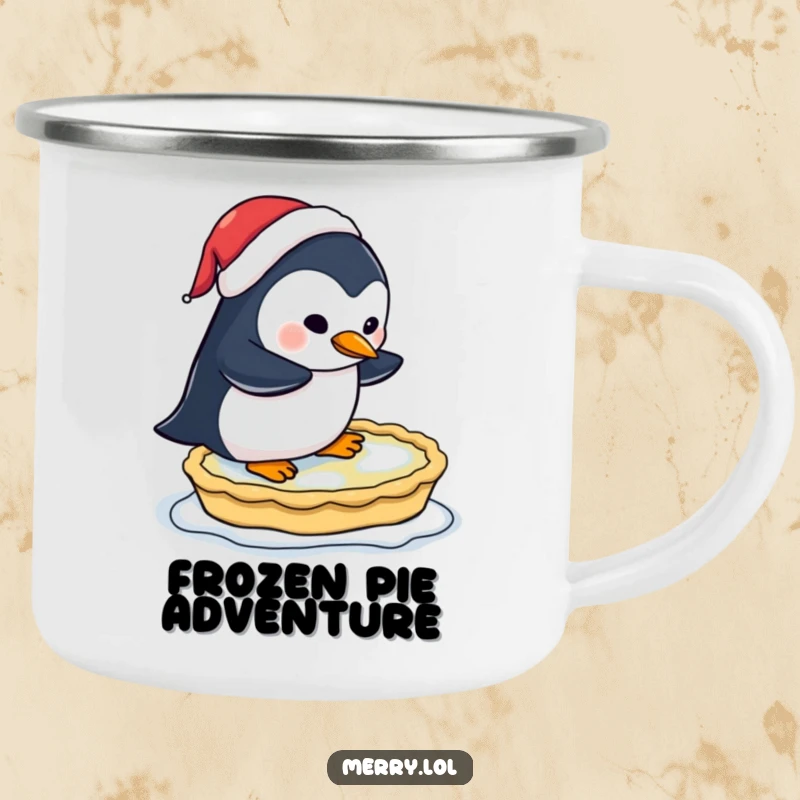 Funny camping mug illustration of a penguin in a Santa hat attempting to ice skate on a frozen pie, for outdoor cheer.