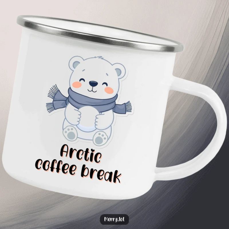 Funny polar bear camping mug featuring a happy character in a scarf holding a snowball, perfect for outdoor winter enjoyment.