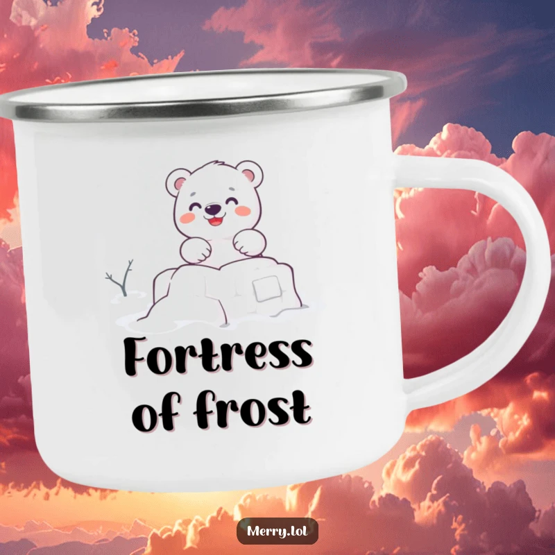 Funny camping mug with an enthusiastic polar bear character building a snow fort, perfect for enjoying warm drinks outdoors.