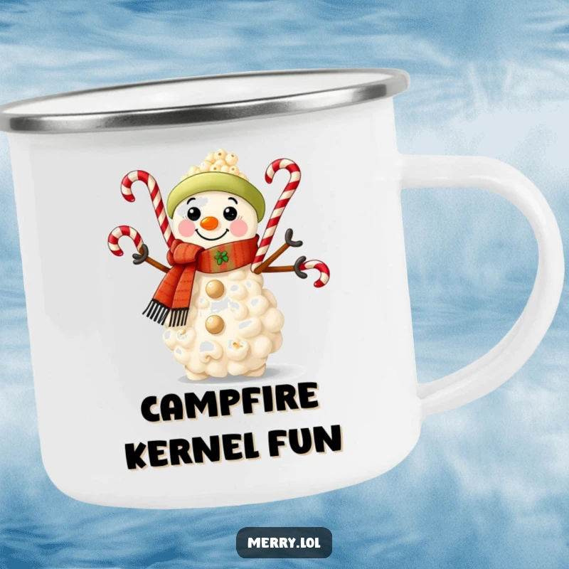 Funny camping mug showcasing a popcorn snowman in a festive scarf, juggling candy canes, ready for outdoor enjoyment.