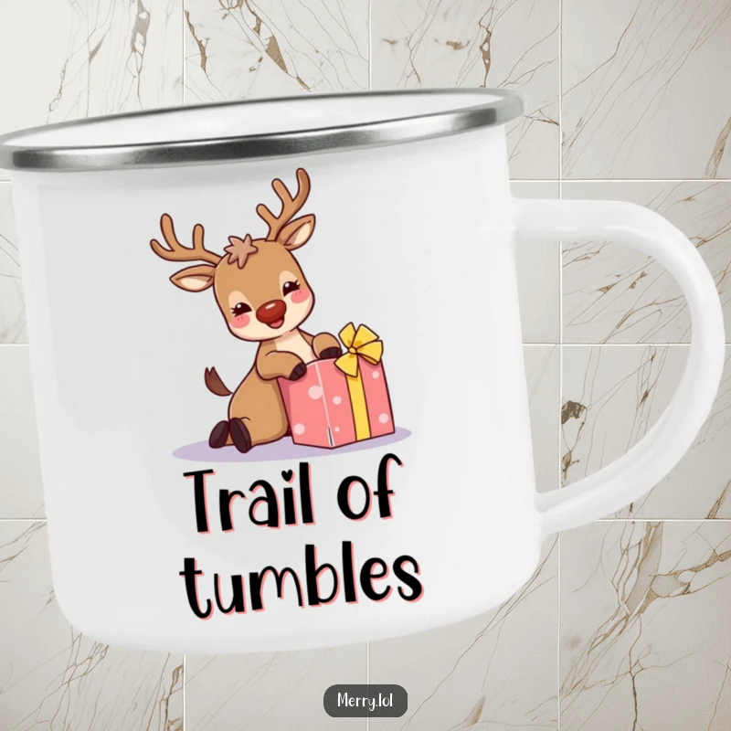 Funny camping mug: A giggling reindeer with sparkly antlers trips over a present, ideal for enjoying drinks in the great outdoors.