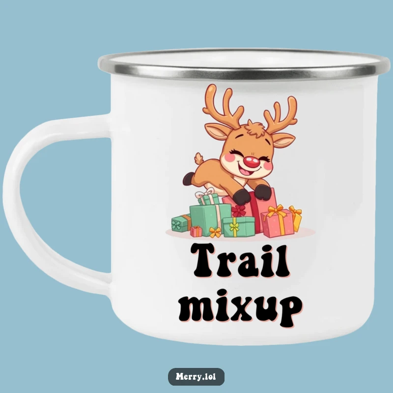 Funny Reindeer Tripping Camping Mug: Outdoor Holiday Laughs and Adventure