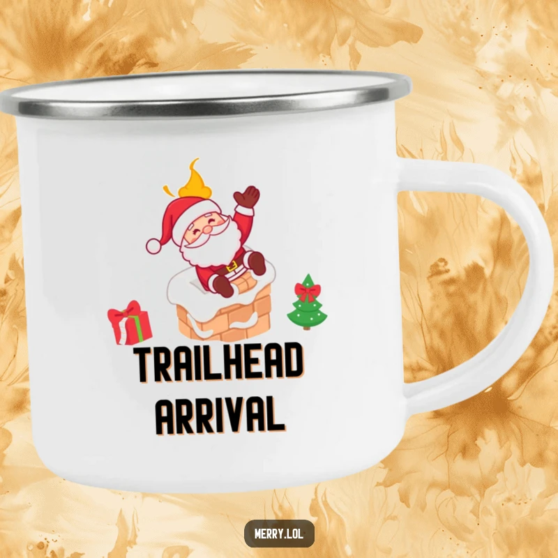 Funny Santa camping mug featuring Santa Claus joyfully sliding down a chimney with a merry wink, great for outdoor use.