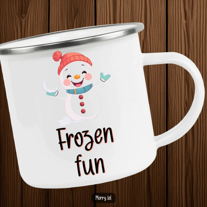 Funny Camping Mug with a playful snowman character in a joyful pose, ready for a snowball fight, perfect for outdoor fun.