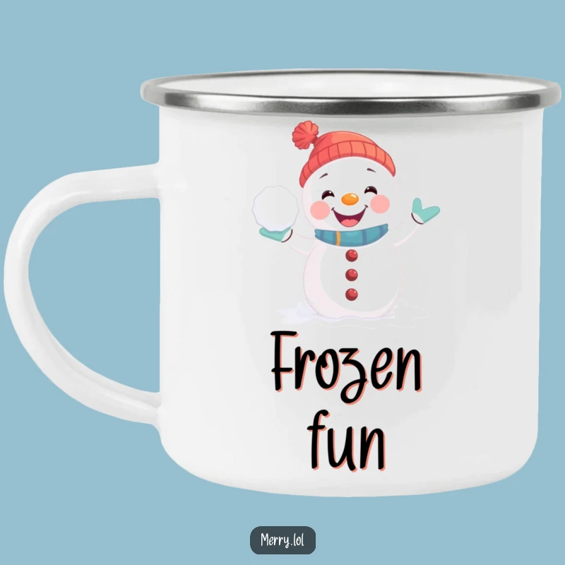 Funny Snowman Camp Mug: Joyful Snowball Fight Pose, Outdoor Winter Fun
