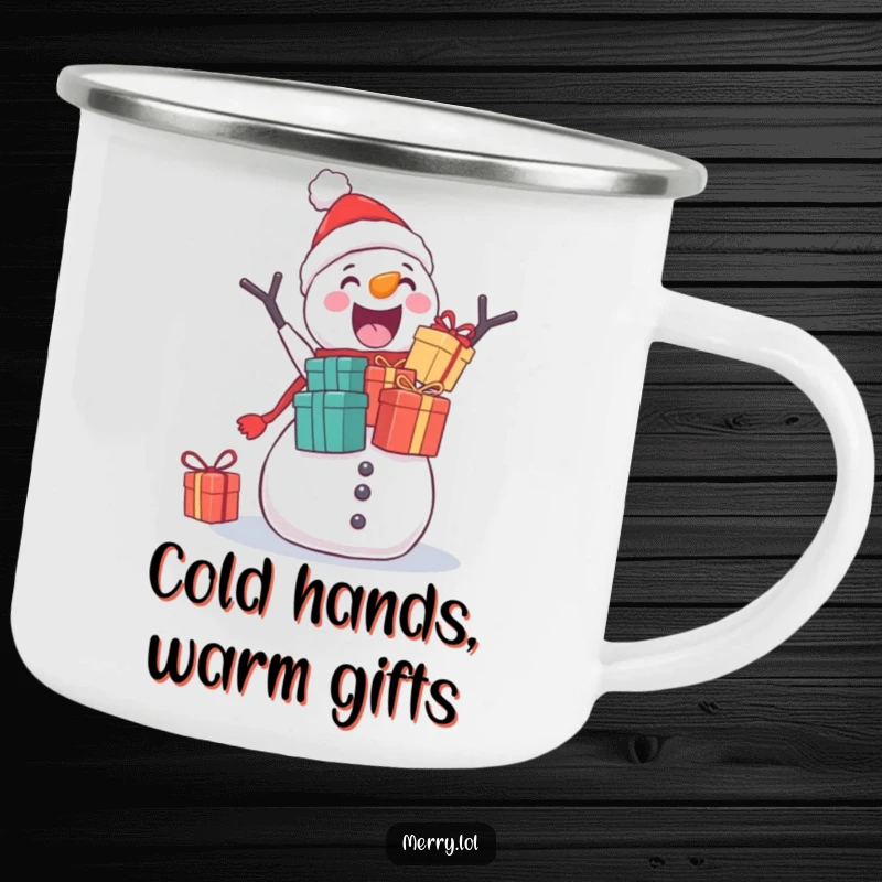 Funny camping mug with an excited snowman stacking Christmas gifts, perfect for outdoor holiday enthusiasts.